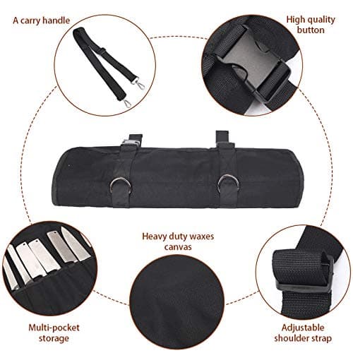 QEES Chefs Knife Roll Bag 11 Slots, Heavy Duty Waxed Canvas Knife Bag, Waterproof Knife Case for Camping, Hiking, Multi-function Tool Roll Bag (Black) — view 3