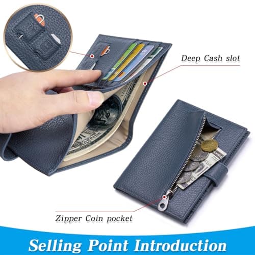 FREYAMIRA Passport Holder for Travel Women RFID Blocking Genuine Leather Passport Wallet with Card Slots, Zipper Coins Pocket, Cash Holder, Navy Blue — view 3