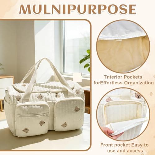 Quilted Diaper Bag, Hospital Bag, Bear Pattern Cute Duffle Bag for Women — view 5