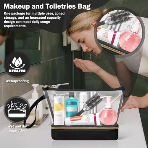 Clear Makeup Bag, Small Makeup Bag with Compartments for Brushes, TSA Approved Waterproof Travel Toiletry Bag, Make Up Bags for Women, Travel Essentials, Black — view 4