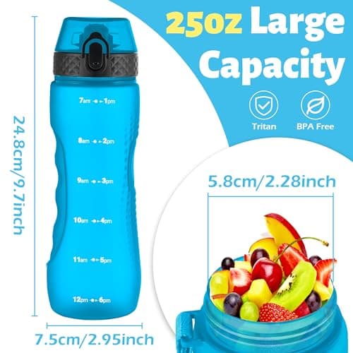 OLDLEY 750ml/25oz Water Bottles with Straw BPA Free Tritan Water Bottles for Gym School Sports Travel Leakproof Time Markings Drink Bottles Reusable Hydrate for Adult Kids Women Men(Blue, 1 Lid) — view 5