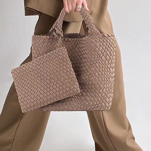 JINMANXUE Fashion Hobo Bag Handmade Woven Casual Female Handbag Large Capacity Neoprene Tote Bag Patchwork Women Shoulder Bags, Khaki — view 3