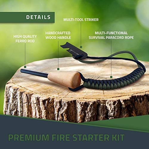 RKR OUTDOOR Ferro Rod Flint Fire Starter Kit with Handcrafted Wood Handle |12,000+ Strikes | Survival Flint and Steel Rods with Multi-Tool Striker and Paracord Neck-Wrist Lanyard for Your Camping Gear — view 2