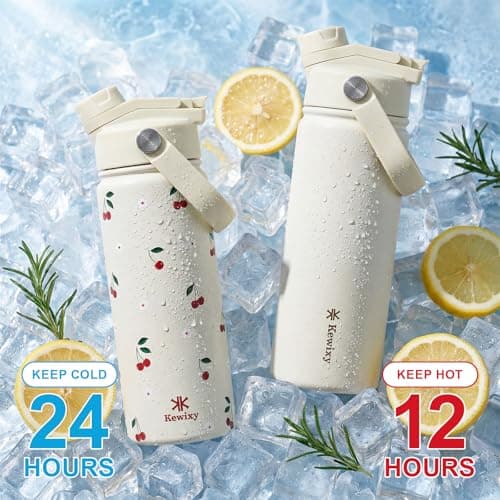 KEWIXY Stainless Steel Water Bottle 500 ml/18 oz, 2-in-1 Lid, Insulated Water Bottle with Straw, Leak Proof, Carry Handle, Fits Cup Holders, for Sports, Gym, Work (Cream Cherry1) — view 4