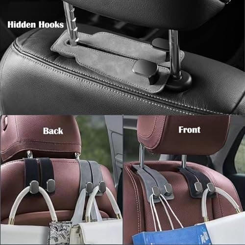 Car Hooks for Headrest 2 Pack, Car Seat Back Storage Hook, 2 in 1 Headrest Hooks for Purses and Bags, Leather Car Headrest Hanger with Metal Hooks, Double Headrest Hooks Mobile Phone Holder (Black) — view 2