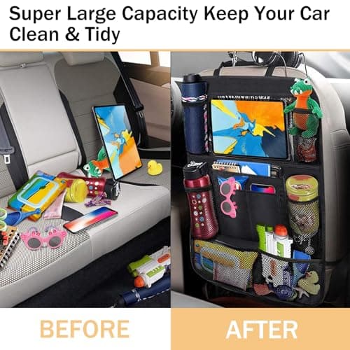 ASelected 2PCS Car Seat Organiser, Car Back Seat Organizer for Kids, Car Organiser Back Seat for up to 10 inch iPad, Kids Back Seat Organiser to Storage Toys, Books, Drinks - Black — view 6