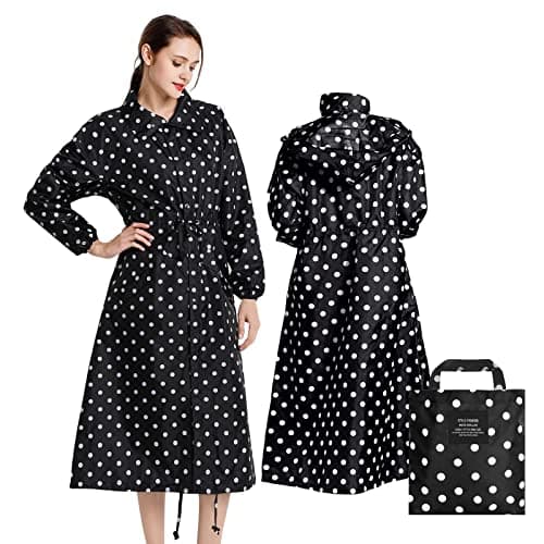 LAMA Womens Long Raincoats with Hood, Waterproof Reusable Packable Rain Coat with Long Sleeves for Adults Womens Ladies, Rain Coat for Bike Moto Riding Hiking Trekking, BlackDots