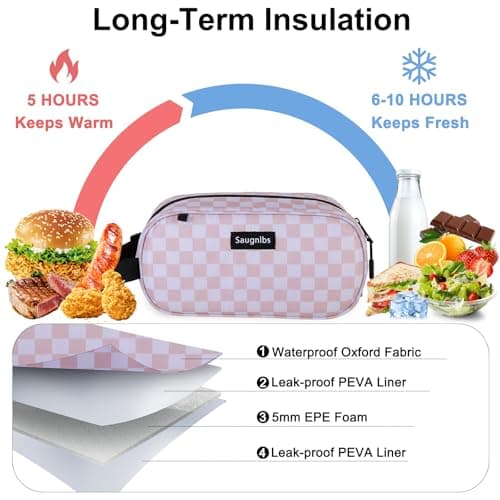 Saugnlbs Small Insulated Bag,Cool Bag Small,Mini Cool Bag,Freezable Lunch with 2 Ice Packs for Work School Travel,Freezable Snack Box for Adults,10“ x 4”x 5”Round,Gold-Grid — view 2