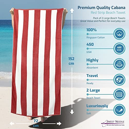 SweetNeedle Beach Towels for Adults Pack of 2 - Red White Cabana Striped Classic - 100% Cotton Terry Ringspun Pool Towel, Quick Dry, Super Absorbent Swimming large towel, 76 x 152 cm — view 2