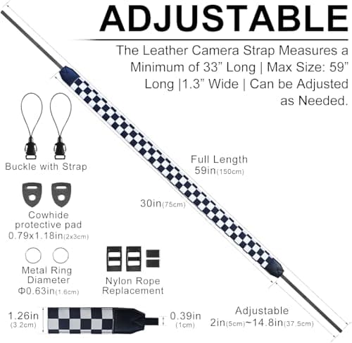 XILIYAI Camera Strap, Retro Cotton Camera Shoulder Straps Adjustable Camera Neck Strap for all Cameras DSLR/SLR/Mirrorless Sony Canon Nikon Olympus photographer's assistant (Black and white Grid — view 3