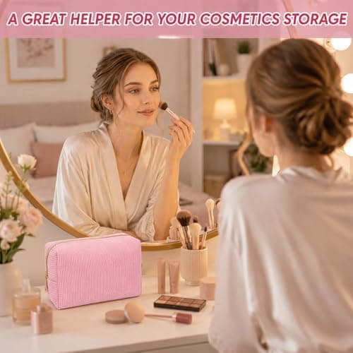 Soft Pink Corduroy Makeup Bag with Gold Metal Zipper for Cosmetic Storage in Travel, Vanity & Daily Commute - Portable Pouch Organiser for Women — view 3