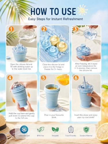Collapsible Cup Silicone Folding Ice Hockey Cup 2 in 1 Ice Ball Maker with Straw Portable Foldable Leakproof Travel Tumbler for Coffee Camping Office Home (Yellow) — view 3