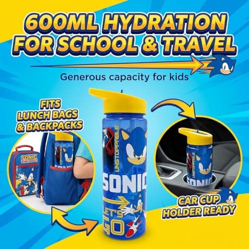 Sonic The Hedgehog 600ml Kids Water Bottle with Flip Spout & Straw – BPA Free Leak Proof Sports Drinks Bottle with Carry Loop – SEGA Official Sonic ‘Unstoppable’ Design, Blue — view 5