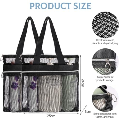 OSDUE Mesh Shower Caddy Bag, 2PCS Portable Toiletry Tote Hanging Wash Bag with Zipper, Quick Dry Shower Tote Bag for College Dorms, Gym, Swimming, Beach, Camping, Travel(Black) — view 2