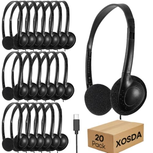 XOSDA USB C Headphones Bulk 20 Pack for Classroom School Kids Students, On-Ear Wired Type C Headset for Children Travel Testing Compatible with Tablet Smartphones (Black)