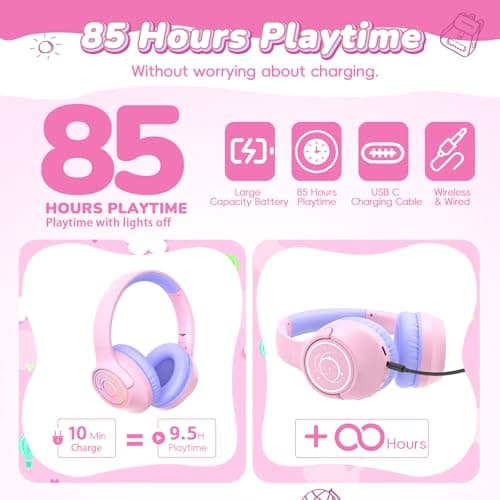 Kids Headphones Wireless with LED Lights 85H Playtime for Toddler Girl Pink — view 2