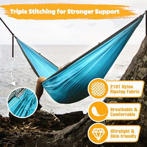 NATUREFUN Ultra-Light Travel Camping Hammock | 300kg Load Capacity,(275 x 140 cm) Breathable,Quick-drying Parachute Nylon | 2 x Premium Carabiners,2 x Nylon Slings Included | Outdoor Indoor Garden — view 4