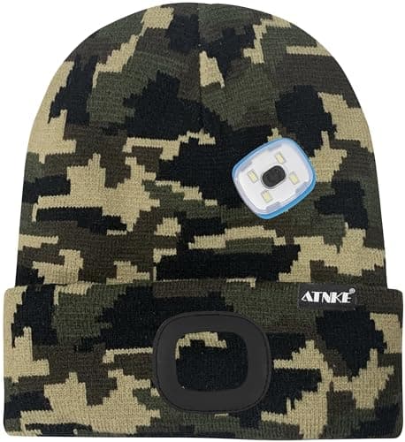 ATNKE LED Lighted Beanie Hat, USB Type C Rechargeable 4 LED Running Headlamp Ultra Bright Cap with Light Hands Free Head Torch Winter Warm Knit Beany Gifts for Men and Women/Camouflage Green — view 3