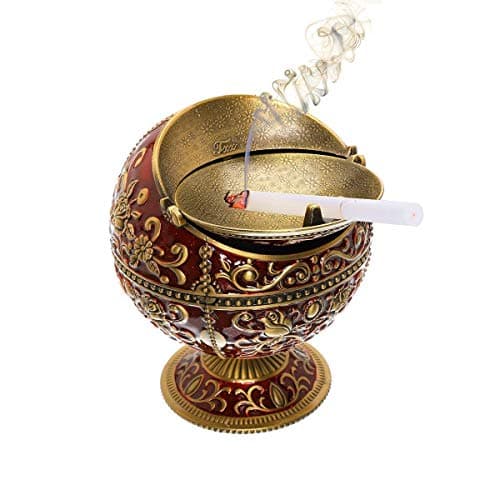 Vintage Windproof Ashtray with Lid for Cigarettes Metal Portable Ashtray Cigar Ashtray Odor Eliminator for Outdoors Indoors Hand Stamped Nice Gift for Men Women - LAUYOO (Dark Red with Bronze Rose) — view 2