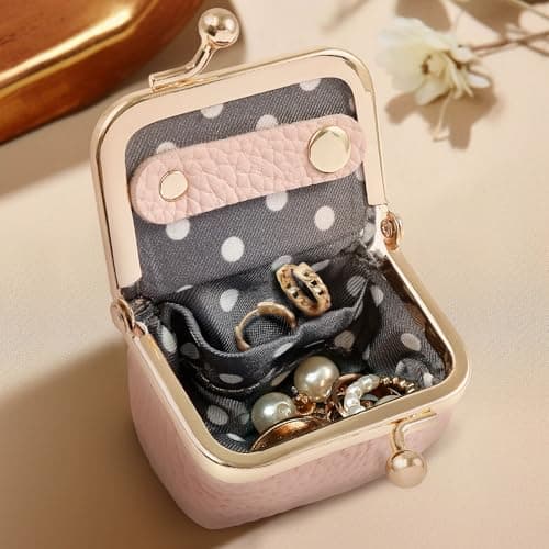 QINGLANG Genuine Leather Mini Jewelry Box with Kiss Lock Vintage Inspired Coin Purse Portable Small Jewelry Case Organizer Small Travel Ring Box for Girls Women(Pink) — view 3