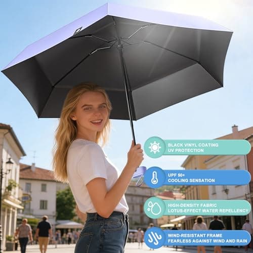 FWHFNB Travel Umbrella Compact, Mini Umbrella, UV Umbrella, Folding Umbrella, UPF 50+ Sun & Rain Protection, With Capsule Case, Small Compact, for Men and Women (Purple) — view 3
