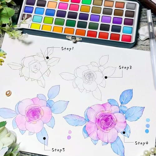 Artecho Watercolour Paint Set 50 Colors in Portable Box Including 4 Fluorescent Colors, Travel Watercolour Set with Water Colour Papers, Brushes and Other Tools, Idea for Artists and Hobbyists — view 4