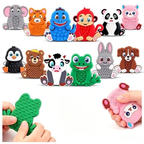 Bambebe 12 Pack Animal Texture Sensory Toys, Silicone Quiet Fidget Toys, Portable Travel Toys for Airplane Car Road Trip, Calming Stress Relief Gifts for Classroom