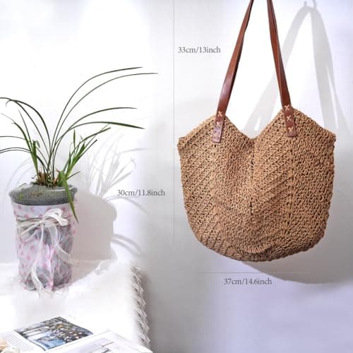 Straw Beach Bag for Women, Summer Straw Tote Bag Handbag with Zip Leather Handles, Retro Handmade Boho Casual Woven Travel Holiday Shoulder Bags for Beach Vacation Outdoor Shopping Daily Use (Coffee) — view 6