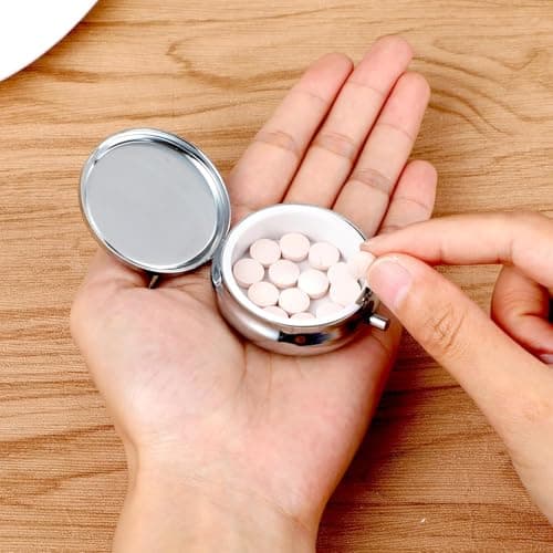 Small Pill Box, Single Pill Box, Portable Medicine Pill Case, Small Metal Pill Case, for Tablets Vitamins Cod Liver Oil Supplements Medication Purse Pocket Portable (Silver) — view 6