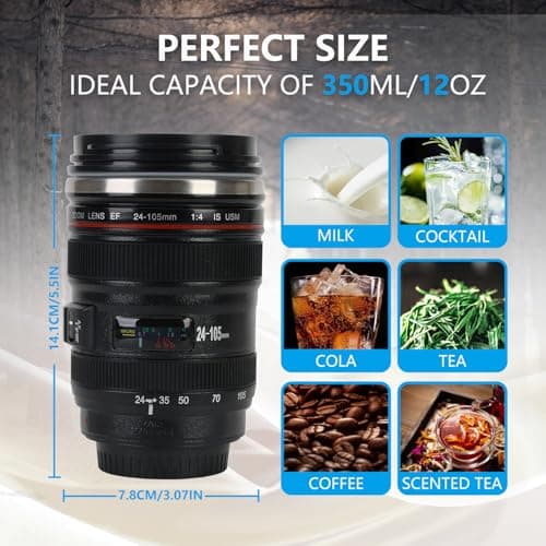 Cefrank Camera Lens Mug Travel Coffee Mug Steel Insulated Cup - 350ml Black — view 6