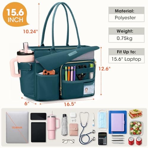 RAINSMORE Teacher Tote Bag for Women with Lunch Compartment Large 15.6 Inch Laptop Bag Nurse Bag with Insulated Section Water-Resistant Work Handbag for Office, College, Travel, Green — view 5