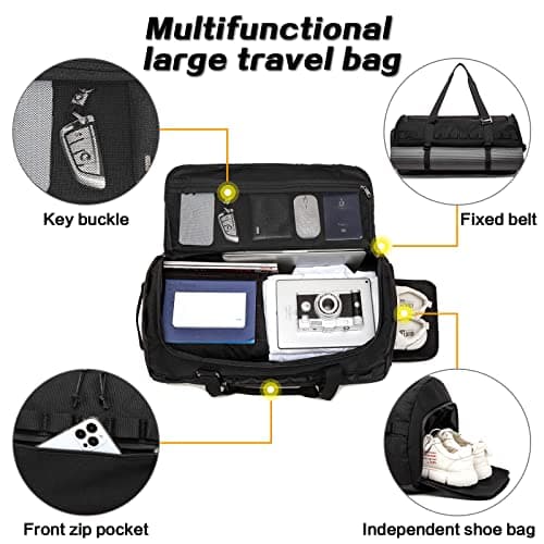 Lyweem Duffle Bag for Men, 60L Travel & Gym Duffel Bag Large Size for Women Waterproof Sports Holdall Bags Weekend Overnight with Shoes Compartment, Black — view 4