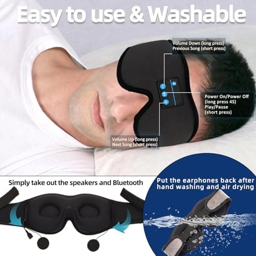 Bluetooth Sleep Mask, Wireless Headphones Headband 3D Breathable Eye Mask for Sleeping with Bluetooth Speaker for Meditation, Travel, Yoga, Relaxation, Adjustable Sleep Earphones for Men Women (Black) — view 6