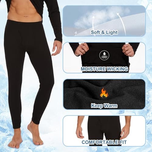 HIPOWER Men's Thermal Underwear Long Johns Bottoms Fleece Lined Pants Black — view 3