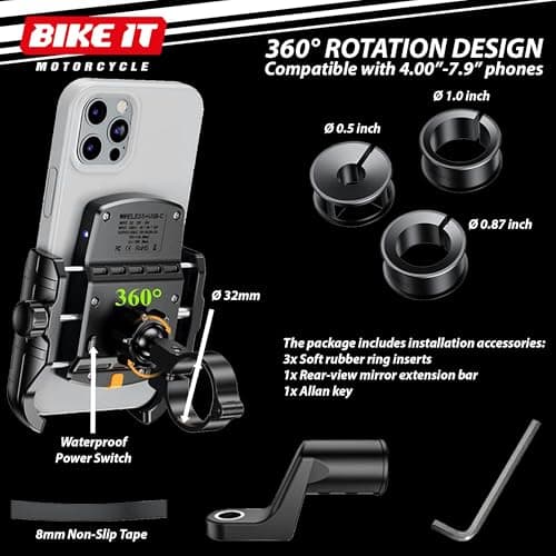 BIKE IT Compact Motorcycle Mobile Phone Wireless Charger Holder, USB-C, Universal Phone Fitment, IP66 Waterproof, 360-Degree Rotation, 15W Quick Charge, Motorbike Scooter Cellular Mount — view 6