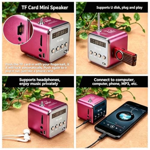 Mini Radio Bluetooth Speaker, Portable FM Radio, Outdoor Wireless Mini Speaker, Music Speaker, MP3 Player, Sound Station, USB, Line-In, Micro SD TF (Pink) — view 4
