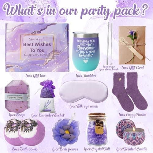 Pamper Birthday Gift for Women - Lavender Bath Spa Package for Her Relaxation Self Care Hampers Unique Skin Care Birthday Presents Set with Bath Bombs, Candles for Best Friend Mom Wife Bestie Auntie — view 2