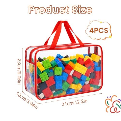 M.J COMFY-LIFE 4 Pack Clear Toy Storage Bags with Handle & ID Tags 12.2x9.06x3.94 Inch PVC Organizer Bags Reusable Transparent Travel Toiletry Bags for Building Blocks Puzzles Cosmetics Multicolor — view 2