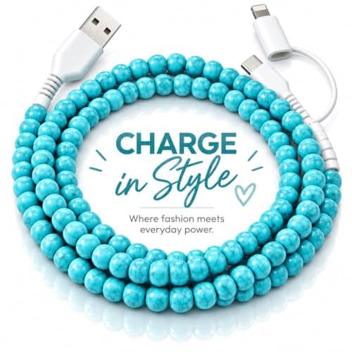 MyfavoriteK Stylish Beaded Phone Charger Cable Metallic Colors USB Cable 2 in1 USB-C and iPhone-Compatible Charging Cord 3.3ft Cord for Smartphones (Turquoise) — view 5