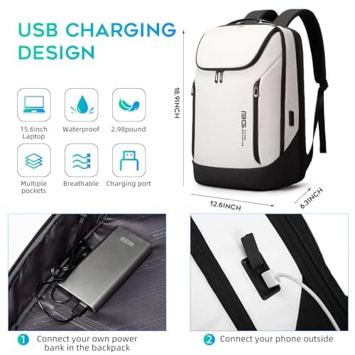 BANGE Business Smart Backpack Waterproof fit 15.6 Inch Laptop Backpack with USB Charging Port,Travel Durable Backpack, White, L, Fashion — view 3