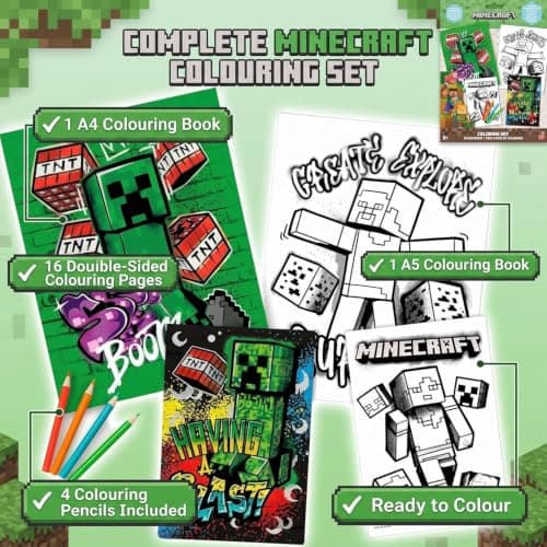 SRV Hub Minecraft Toddler Art Set – 12 Stackable Easy Grip Crayons + 2 Colouring Books (A4 & A5) with 16 Pages | Back To School Washable Crayons & Pencils | Creative Gift for Kids Boys Girls — view 5