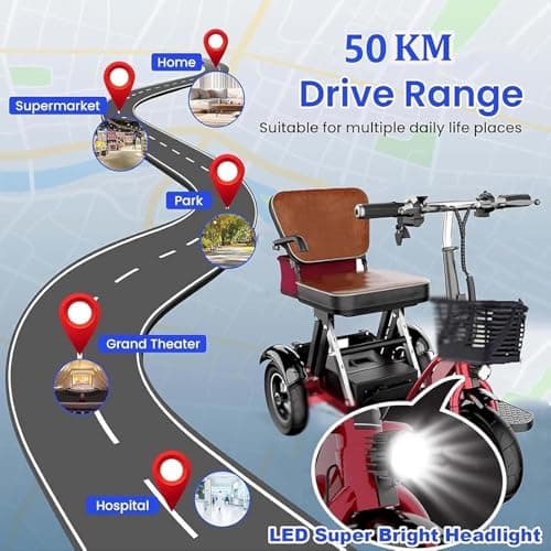 Mobility Scooters for Adults Foldable Lightweight 3-Wheel Portable Mobility Scooter Mobility with LED Headlights And BasketComfortable Seat Deal for Elderly Disabled,H — view 2
