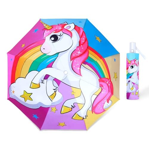 Unicorn Kids Folding Umbrella, Windproof Automatic Travel Umbrella for Girl