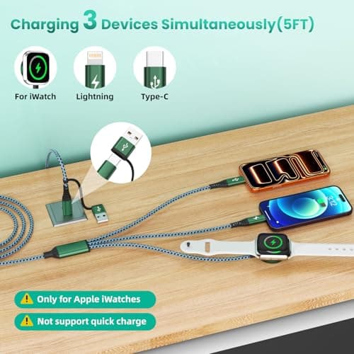 Travel Essentials for iPhone iWatch Charger 3 in 2 USB Cable, 2Pack 5FT — view 2