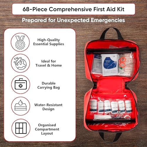 ASAB 68 Piece Travel First Aid Kit for Holiday Home Use Waterproof Easy to Carry Bag with Bandages Scissors Blanket Hiking Car First Aid Kit for Emergency Safety Essentials for Car Camping Work Hiking — view 3