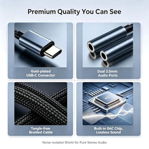 1 Pack USB C to Dual 3.5mm Aux Audio Cord Jack headphone splitter Adapter — view 3