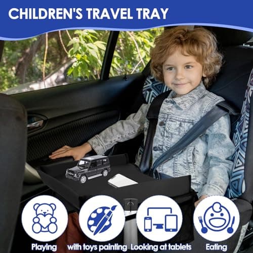 1Pcs Travel Tray for Kids in Car, Toddler Car Seat Lap Tray Table for Long Journeys, Foldable Kid Play Tray with Adjustable Shoulder Strap and Pocket, Roadtrip Essentials for Outdoor Travel (Black) — view 6