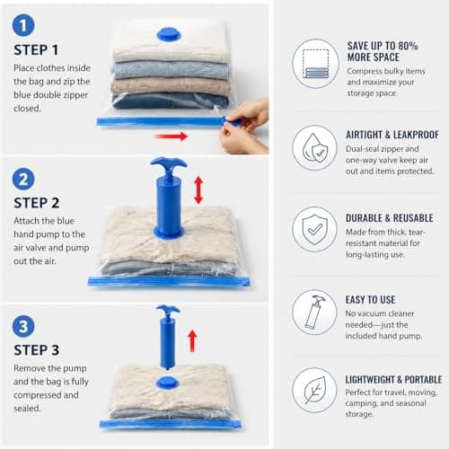2 Pack Vacuum Storage Bags, 100 x 130cm Extra Large Reusable Vacuum Seal Bags with Hand Pump, Airtight Double Zip Seal Space Saver Bags for Clothes, Duvets, Bedding & Travel — view 3