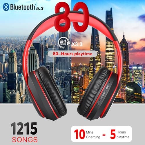 WorWoder Wireless Headphones Over Ear, 80 Hours Playtime Bluetooth Headphones, Hi-Fi Stereo Sound with MIcrophone, Lightweight Headset with Deep Bass for Travel Work PC Cellphone(Black-Red) — view 2