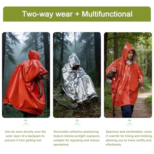 BaBahuanhuan Emergency Survival Poncho (4pc) Thermal Mylar Foil Coating Blanket for Heat Retention and Rain | Reversible with Hood | Waterproof, Windproof, Portable, Hands-free (Orange, Green) — view 3
